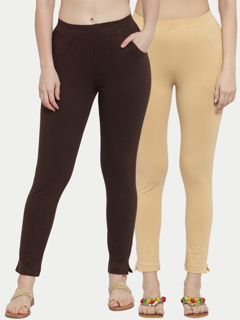 

TAG 7 Women Pack Of 2 Solid Ankle-Length Leggings, Beige