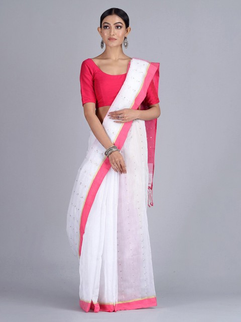

Mitera White Silk Cotton Embellished Taant Saree