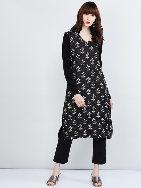 

max Women Black Woven Design Straight Kurta