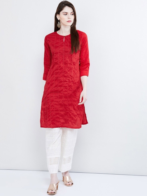 

max Women Red & White Embroidered Straight Kurta