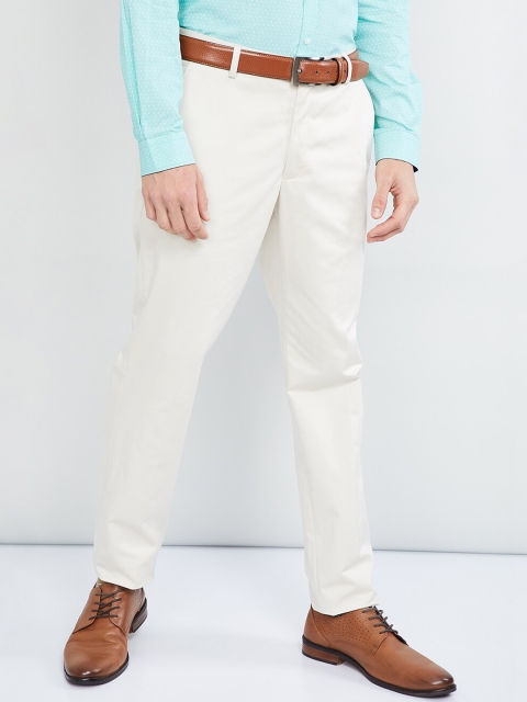 max Men Off-White Slim Fit Solid Formal Trousers