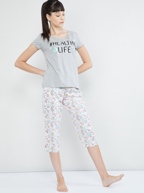 

max Women Grey & White Pure Cotton Printed Night Suit