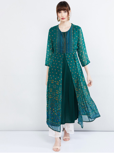 

max Women Green & Red Printed Anarkali Kurta