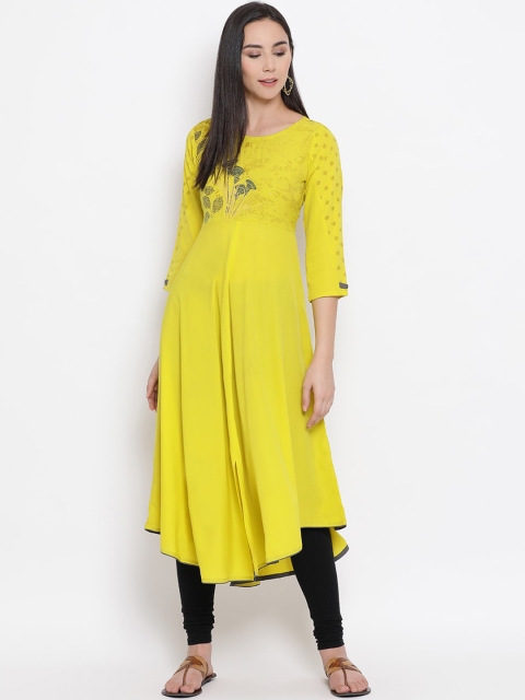 

Span Women Yellow Printed A-Line Kurta
