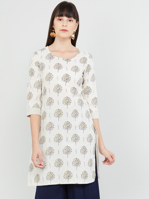 

max Women Off-White & Mustard Yellow Floral Print Straight Kurta