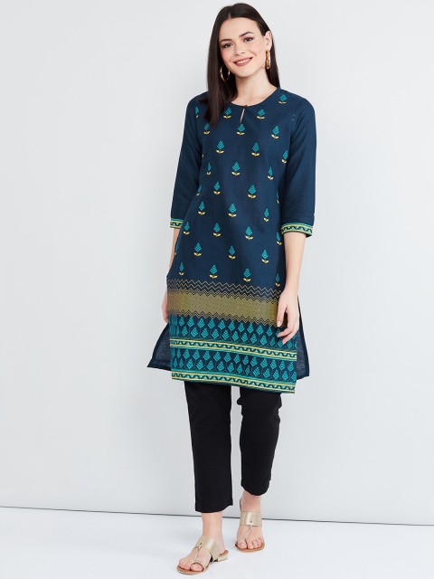

max Women Blue & Yellow Printed A-Line Kurta