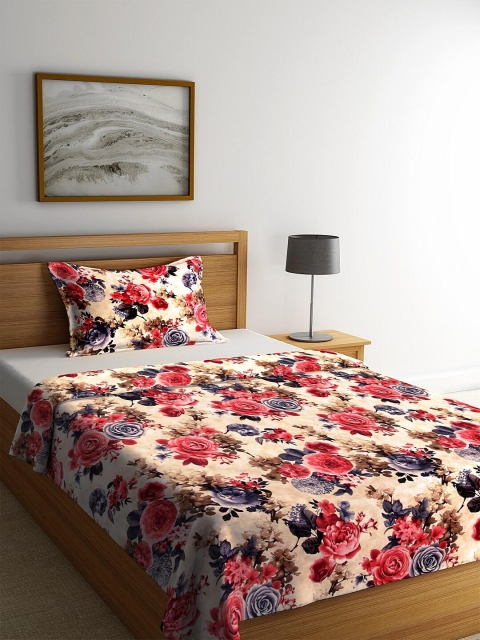 

KLOTTHE Yellow & Red Floral Printed Single Bed Cover with Pillow Cover