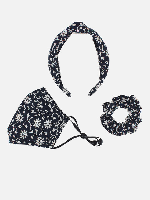 

Anekaant Navy Blue & White Floral Printed 3-Ply Mask & Hairband with Scrunchie