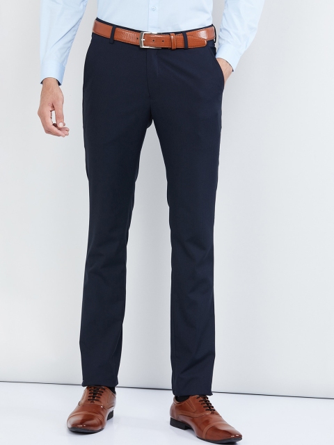 

max Men Navy Blue Regular Fit Solid Formal Trousers
