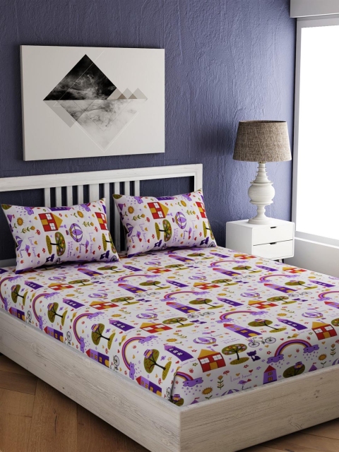 

EverHOME White & Purple Abstract 144 TC Cotton 1 Queen Bedsheet with 2 Pillow Covers
