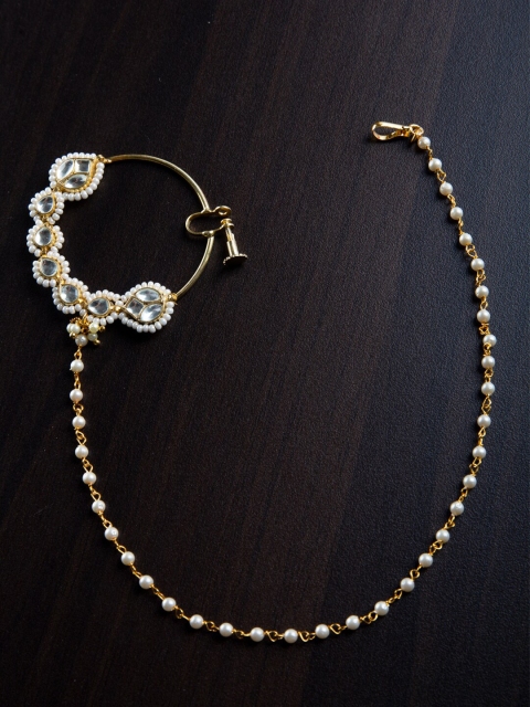 

MORKANTH JEWELLERY Gold-Plated & Off-White Kundan-Studded Chained Nose Ring