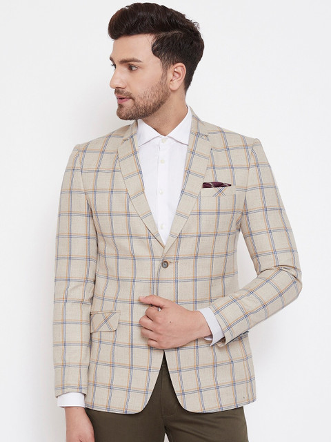 

Spirit Men Cream-Coloured & Blue Checked Tailored-Fit Single-Breasted Sustainable Casual Blazer