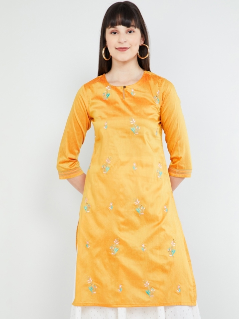 

max Women Mustard Embroidered A-Line Kurta