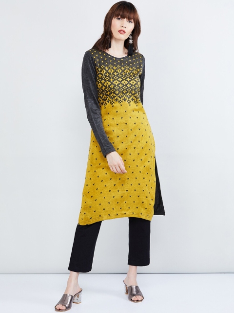 

max Women Mustard Yellow & Grey Woven Design Straight Kurta