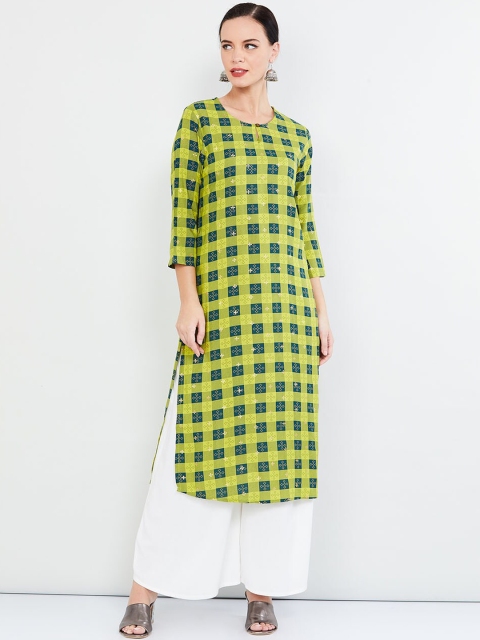 

max Women Lime Green & Navy Blue Checked Straight Kurta