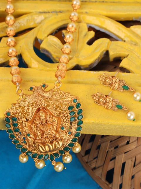 

ANIKAS CREATION Gold-Plated Green Stone-Studded Goddess Laxmi Temple Jewellery Set