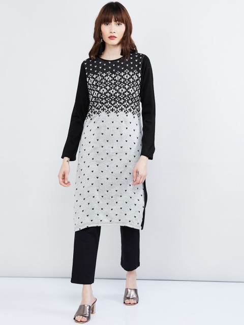 

max Women White & Black Woven Design Straight Kurta
