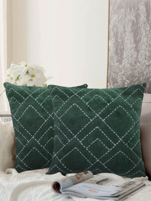 

LUXENMEAD Green & White Set of 2 Embroidered Square Cushion Covers