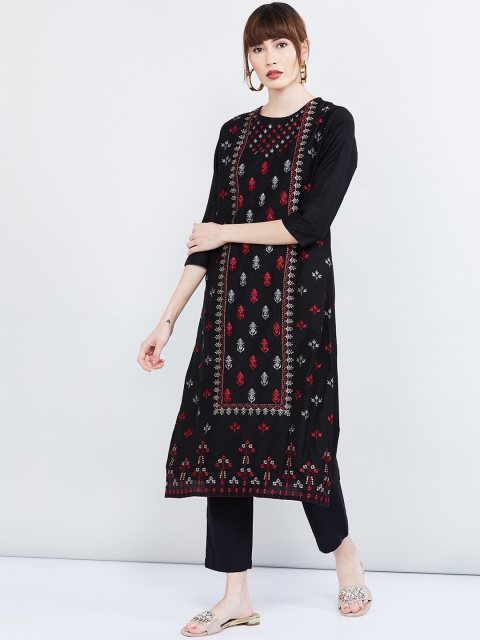 

max Women Black & Maroon Embroidered Straight Kurta