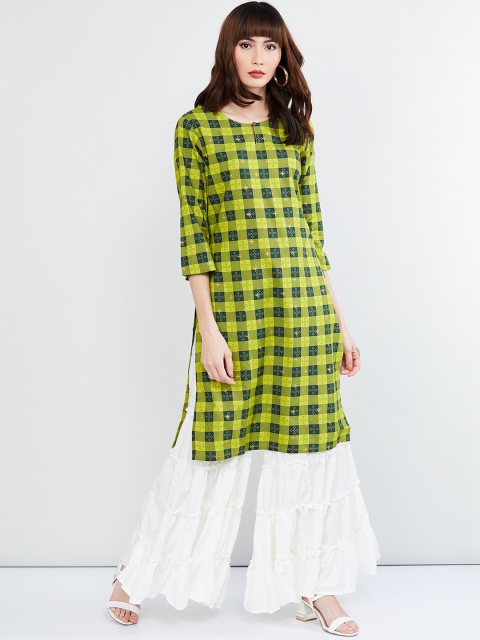 

max Women Lime Green & Navy Blue Checked Straight Kurta