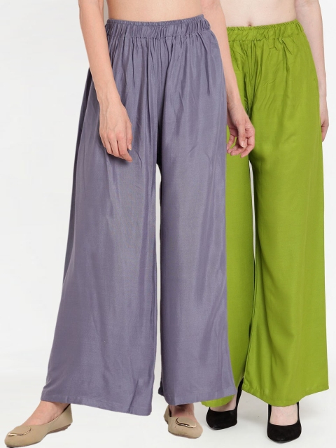 

TAG 7 Women Pack Of 2 Green & Grey Solid Flared Palazzos