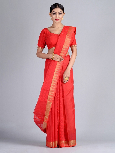 

Mitera Red & Gold-Coloured Silk Cotton Woven Design Handloom Jamdani Saree