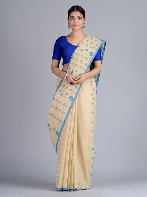 

Mitera Beige & Blue Pure Cotton Woven Design Handloom Taant Saree