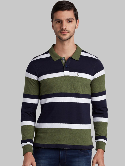 

Parx Men Green & Navy Blue Striped Polo Collar T-shirt