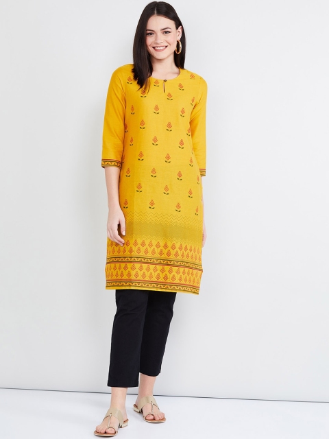 

max Women Mustard Yellow Printed Straight Kurta