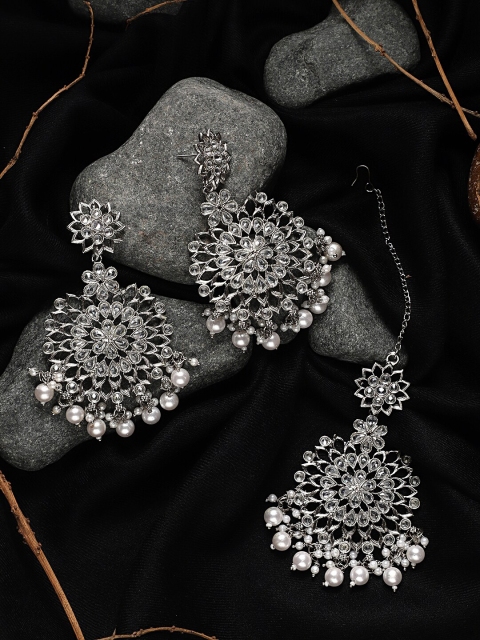 

Mali Fionna Silver-Toned & White Stone-Studded Jewellery Set