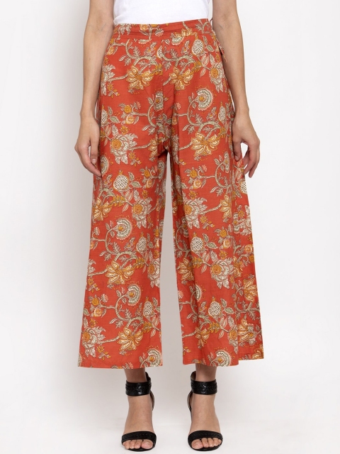 

TAG 7 Women Coral Pink Floral Printed Straight Palazzos, Peach