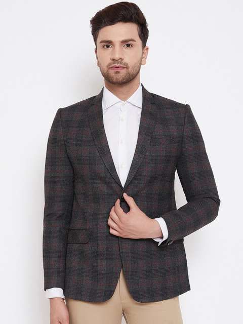 

Spirit Men Checked Tailored-Fit Single-Breasted Party Blazer, Charcoal
