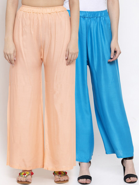 

TAG 7 Women Pack Of 2 Peach-Coloured & Blue Solid Flared Palazzos