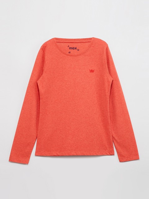 

max Girls Coral Orange Solid Round Neck T-shirt