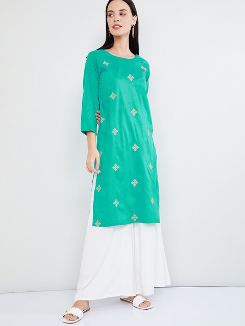 

max Women Sea Green & Gold-Coloured Embroidered A-Line Kurta