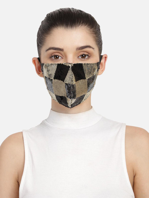 

Anekaant Women Black & Gold-Toned Faux Silk Sequinned 3-Ply Reusable Cloth Mask