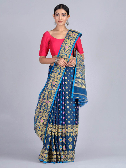 

Mitera Blue & Gold-Coloured Silk Cotton Woven Design Handloom Jamdani Saree