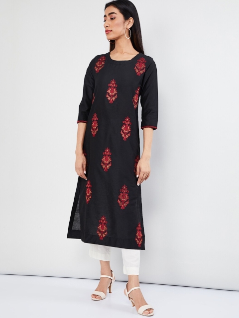 max Women Black & Red Embroidered Straight Kurta