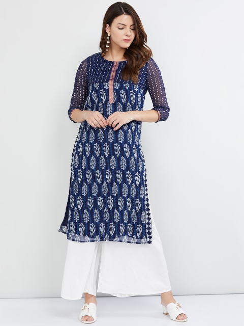 

max Women Blue & Off-White Printed Straight Kurta