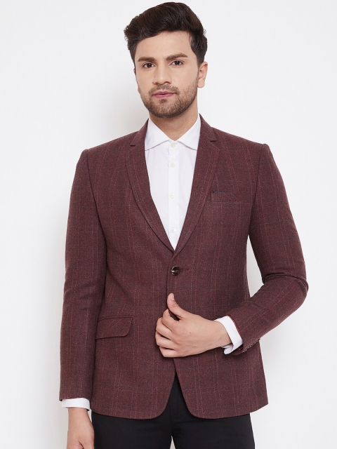 

Spirit Men Maroon & Checked Tailored-Fit Single-Breasted Casual Blazer