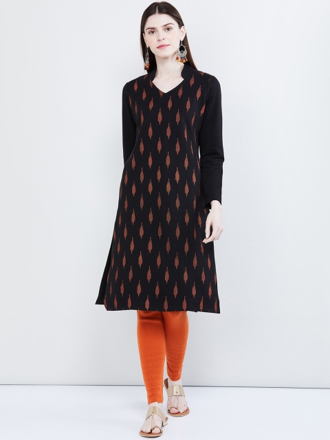 

max Women Black & Orange Printed Straight Kurta