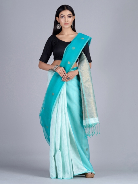 

Mitera White & Sea Green Silk Blend Handloom Solid Taant Saree