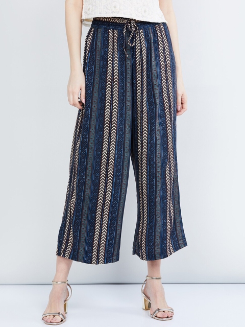 

max Women Blue & Grey Striped Wide Leg Palazzos