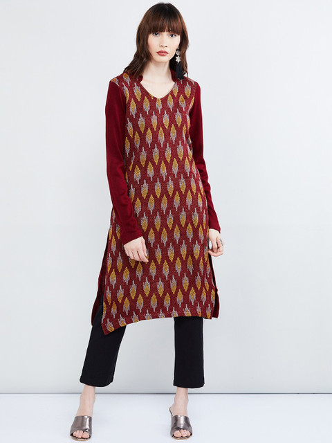 

max Women Maroon Woven Design Straight Kurta