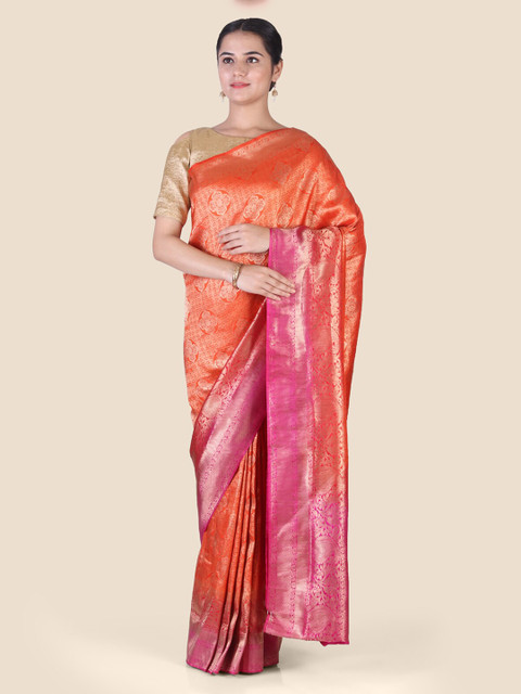 

CLAI WORLD Orange & Pink Silk Blend Woven Design Handloom Arani Saree