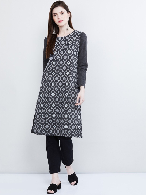 

max Women Grey & White Printed Straight Kurta