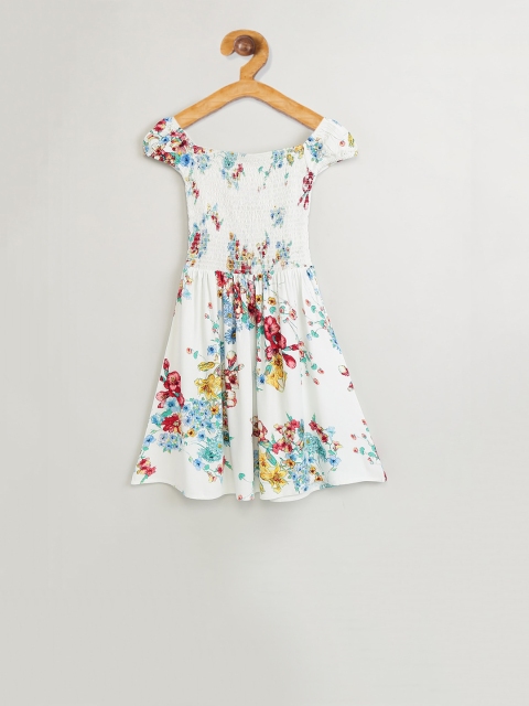 

max Girls White & Red Floral Print Fit and Flare Smocked Dress