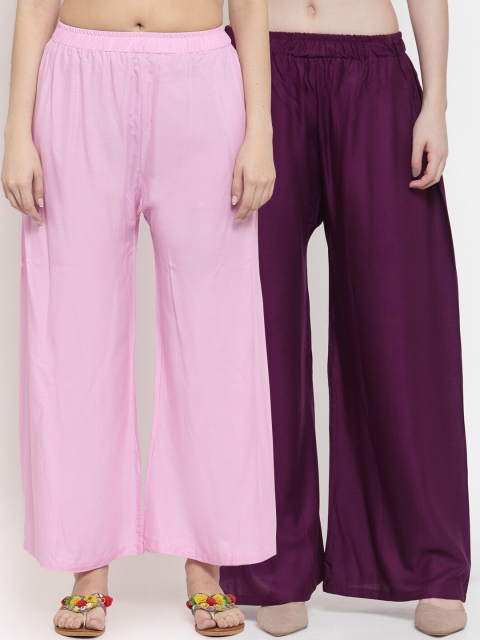 

TAG 7 Women Set Of 2 Pink & Purple Solid Straight Palazzos