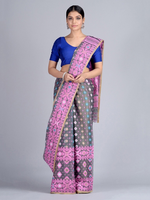 

Mitera Pink & Grey Silk Cotton Woven Design Handloom Jamdani Saree