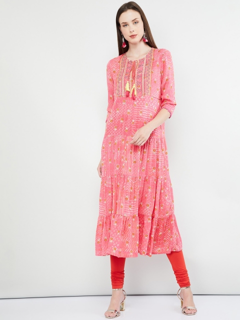 

max Women Coral Pink Floral Print A-Line Kurta
